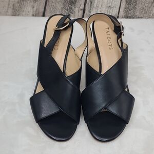 Talbots Classic Criss Cross Sling Back Leather Open Toe Block Heel Sandal Black